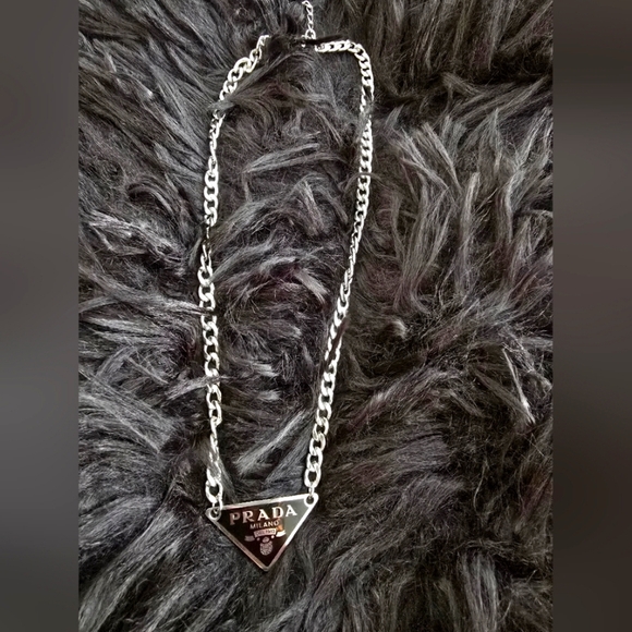 Prada Black and Silver Triangle Pendant Necklace - Picture 1 of 7